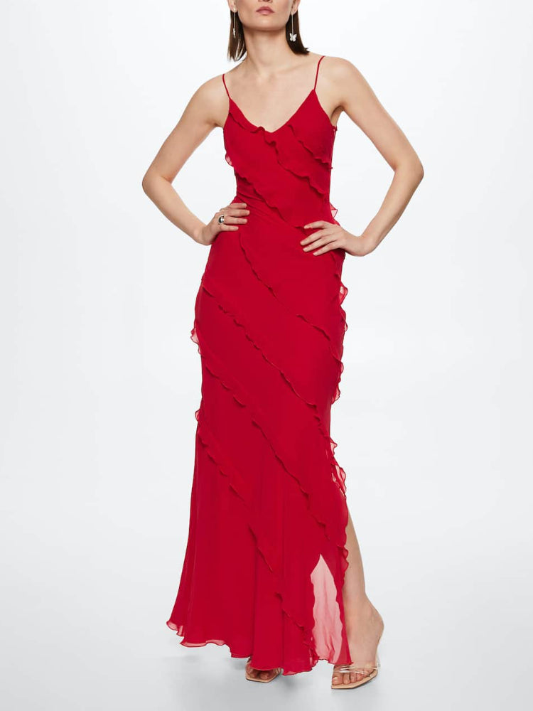 Red Side Slit Backless Maxi Dress With Ruffle Detail – ADONIS BOUTIQUE