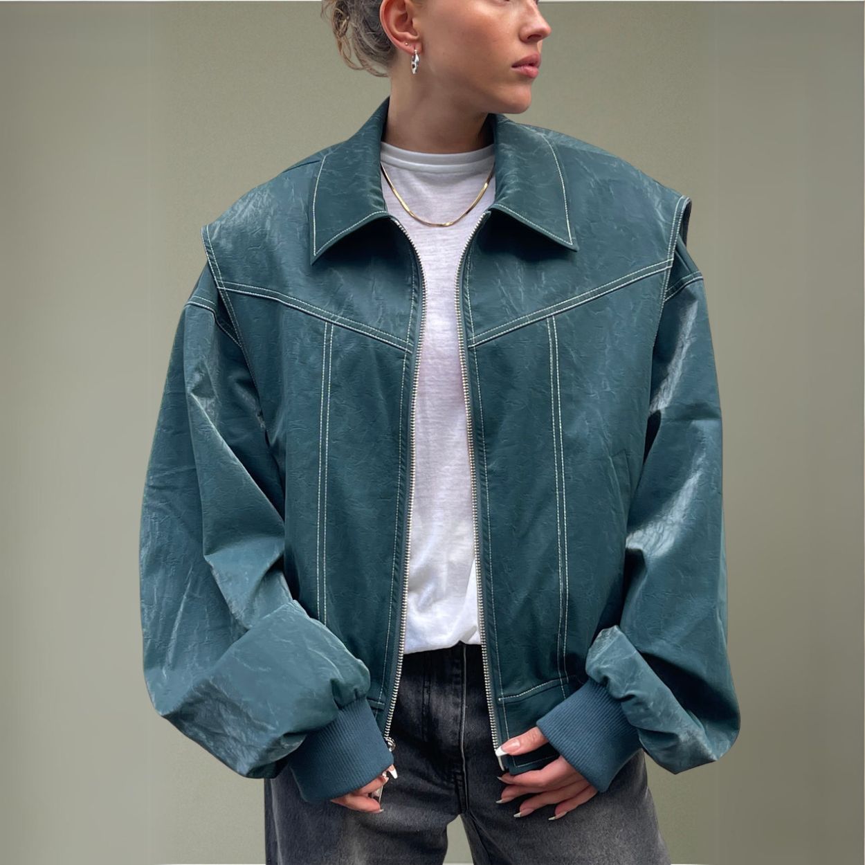 Green Contrast Stitch Leather Bomber Jacket – ADONIS BOUTIQUE