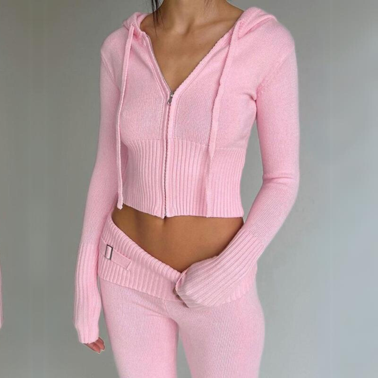 Pink Sweatsuit Set, Casual Zipper Sweater, Pink Knitted Tracksuit Set