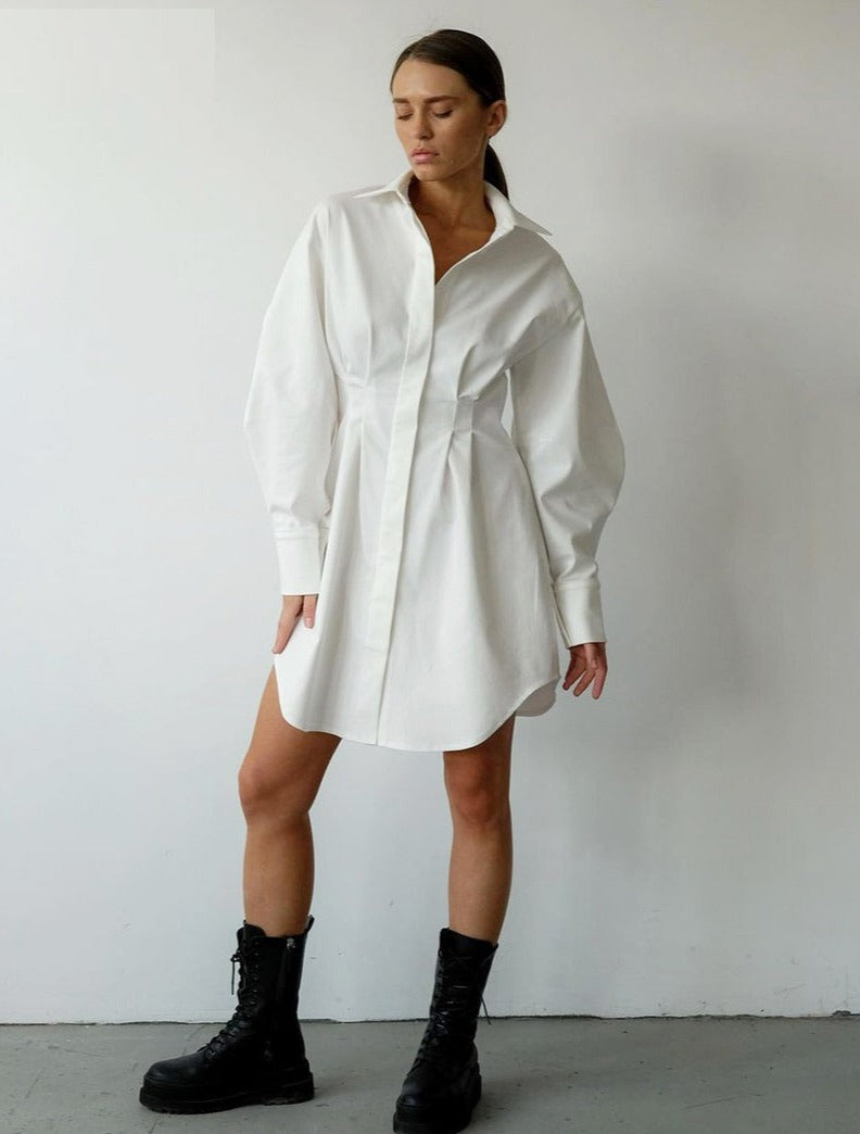 White Pleated Waist Mini Shirt Dress – ADONIS BOUTIQUE