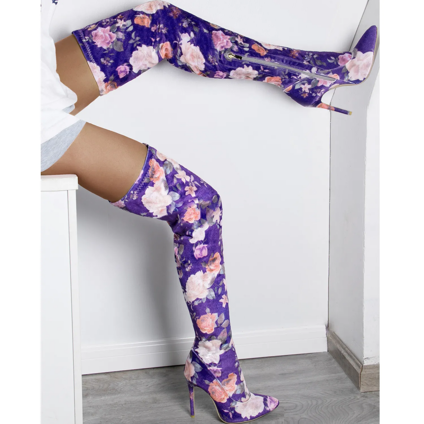 Floral Blue Thigh High Stiletto Heel Boots