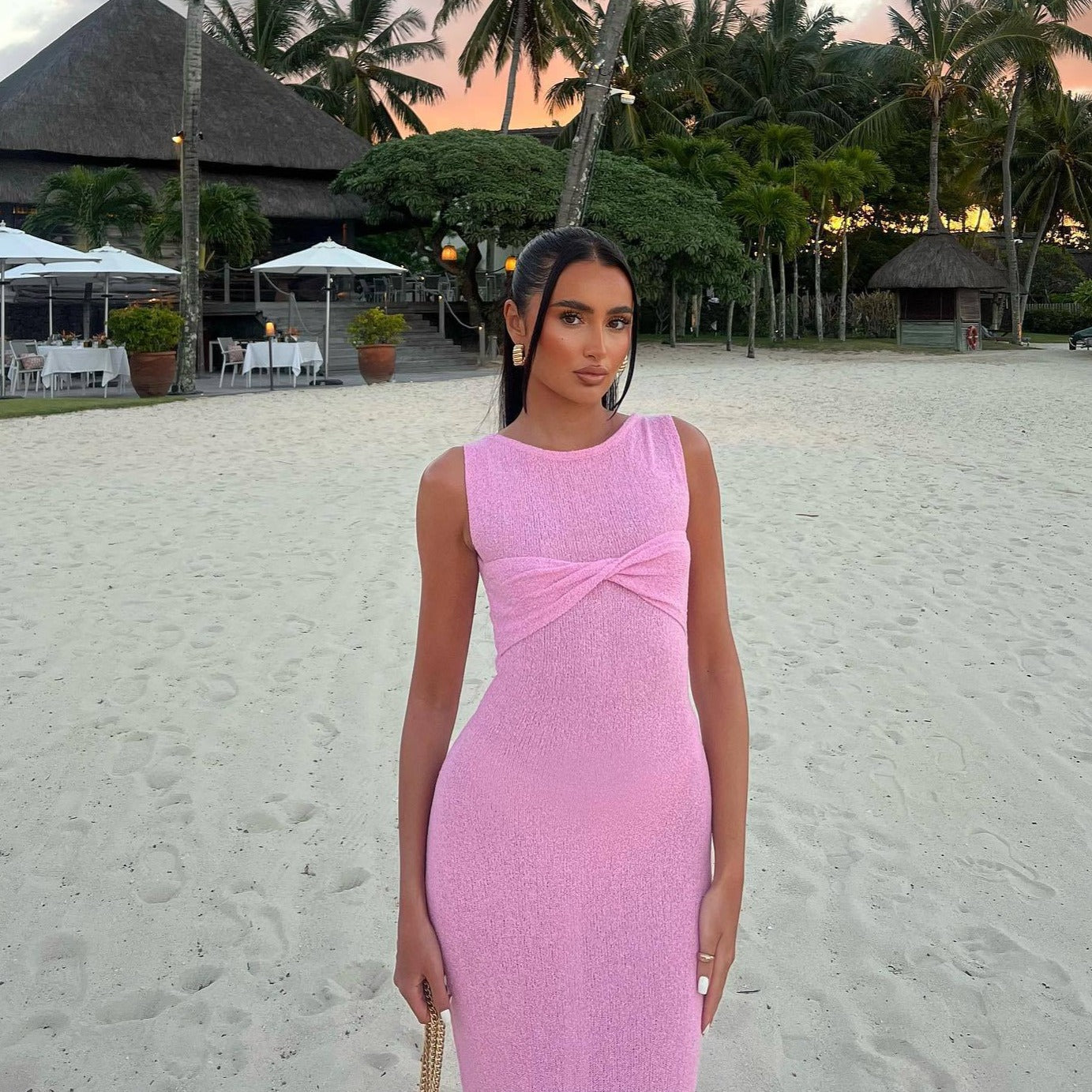 Pink Sleeveless See-Through Knit Maxi Dress