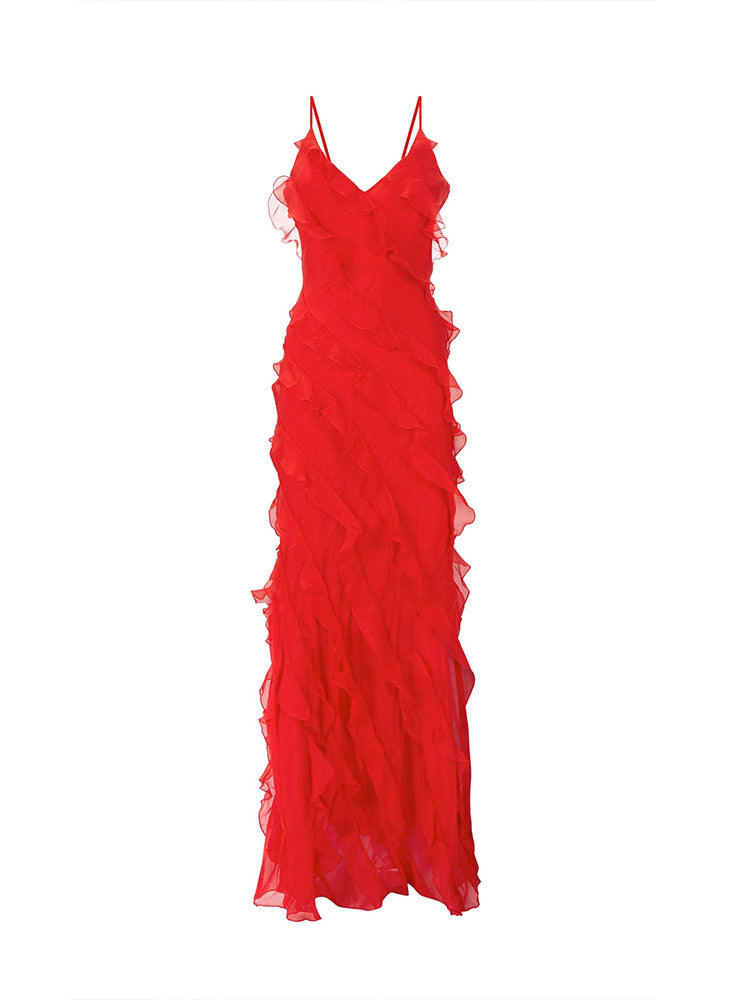 Red Side Slit Backless Maxi Dress With Ruffle Detail – ADONIS BOUTIQUE