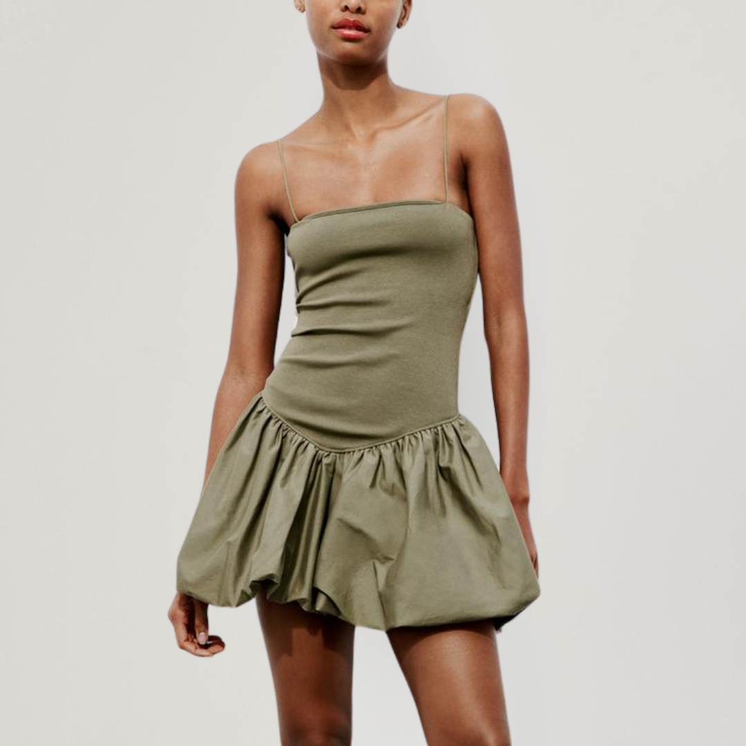 Green Contrast Ribbed Puff Skirt Dress