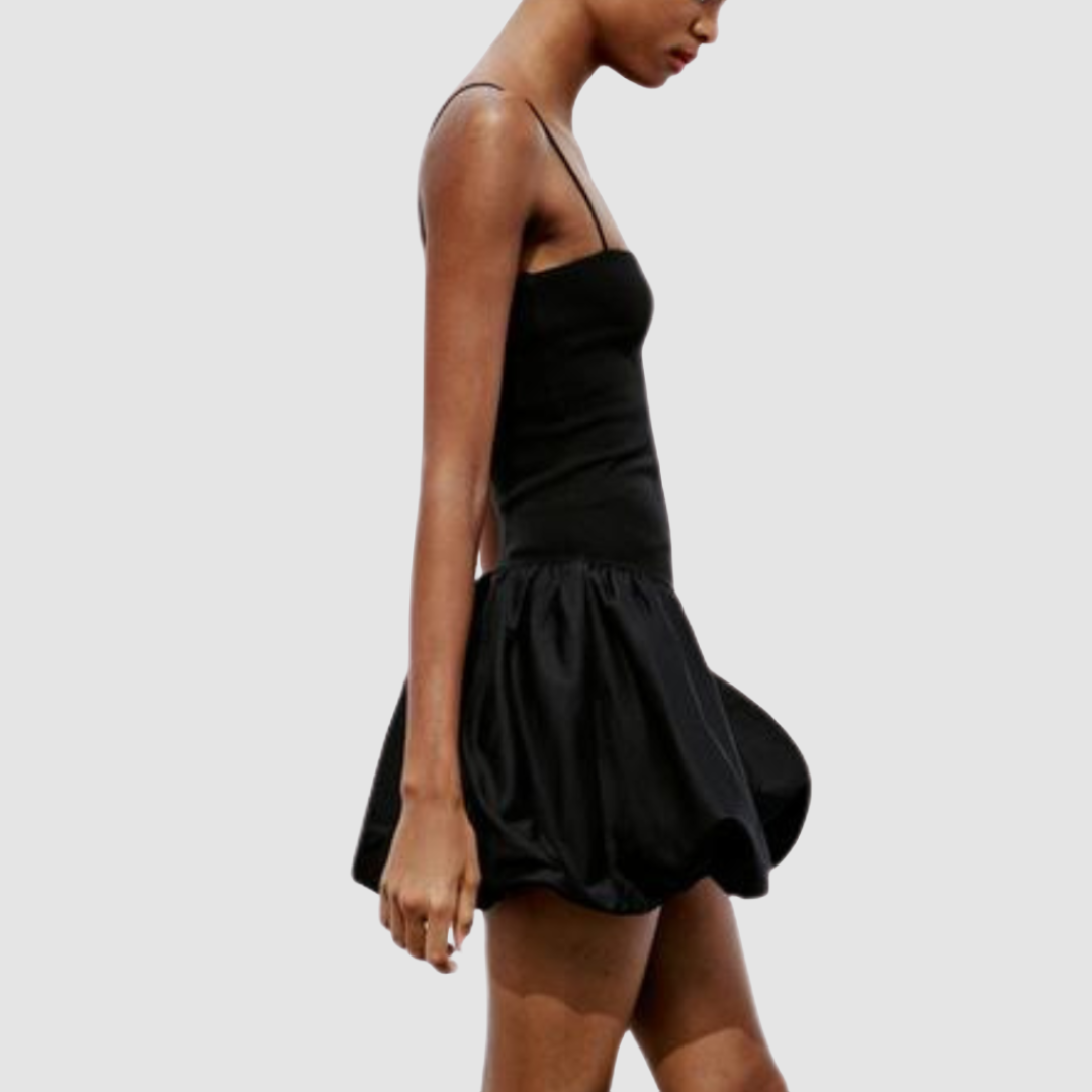 Black Contrast Ribbed Puff Skirt Dress
