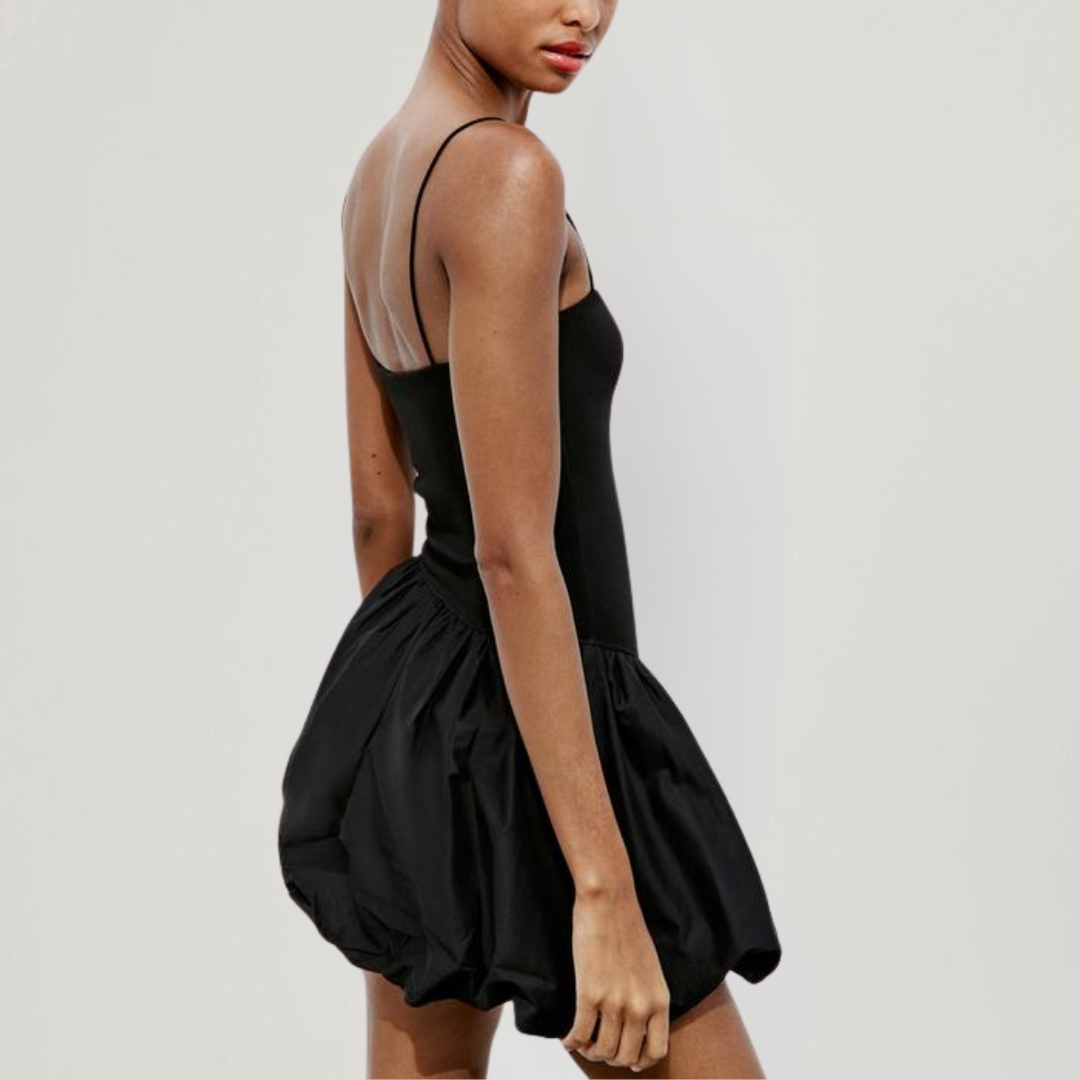 Black Contrast Ribbed Puff Skirt Dress