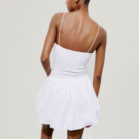 White Contrast Ribbed Puff Skirt Dress