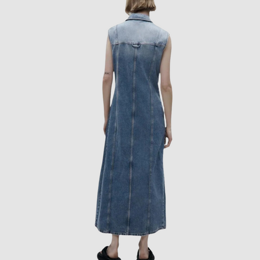 Blue Denim Sleeveless Long Dress