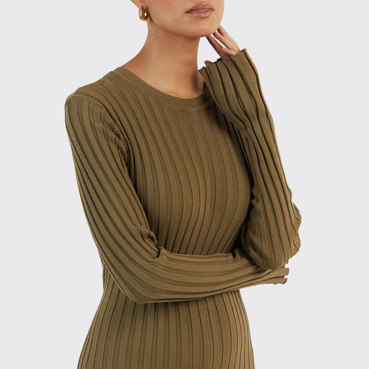 Brown Long Sleeve Knit Midi Dress