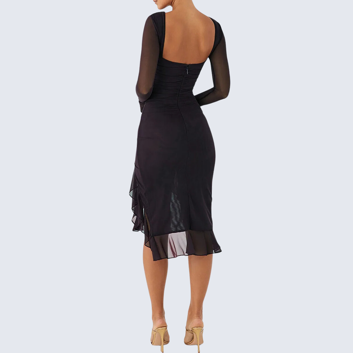 Black Long Sleeve Backless Ruffle Midi Dress
