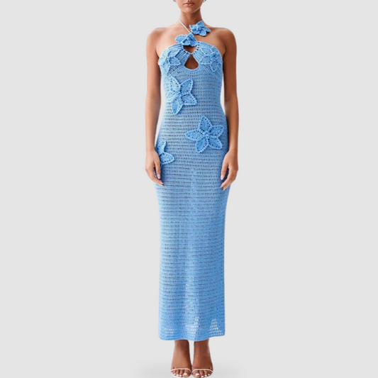 Blue Halter Neck Flower Crochet Dress