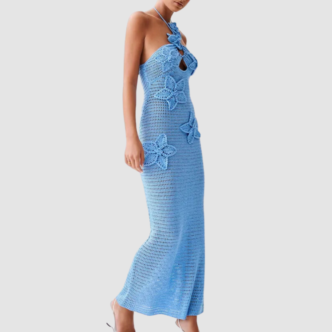 Blue Halter Neck Flower Crochet Dress