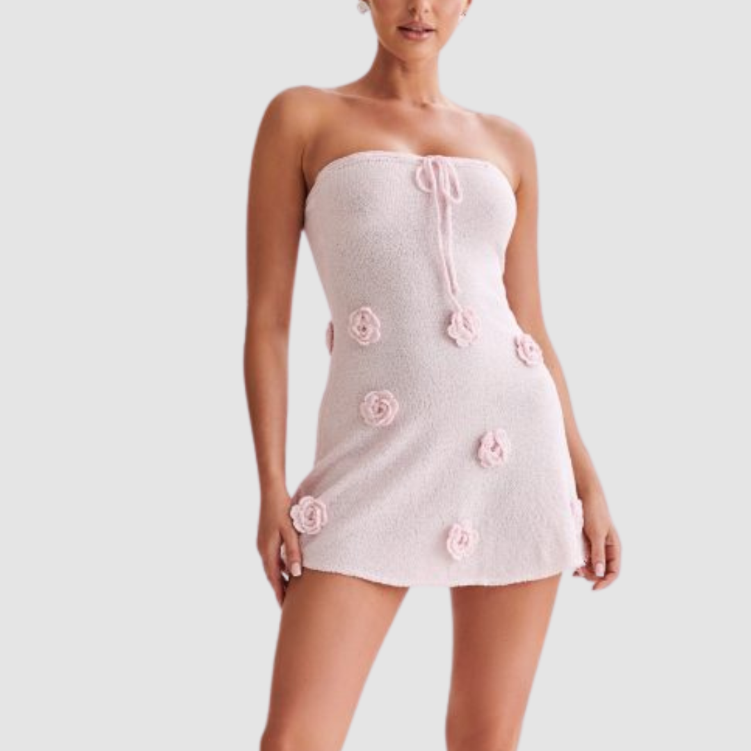 Pink Strapless Crochet Mini Dress With Rose Appliques