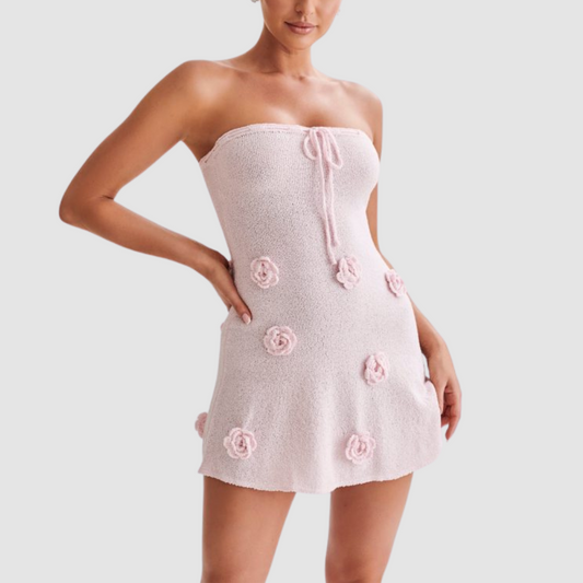 Pink Strapless Crochet Mini Dress With Rose Appliques