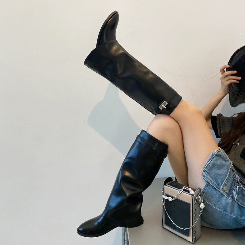 Black Flat Knee High Lock Pant Boots