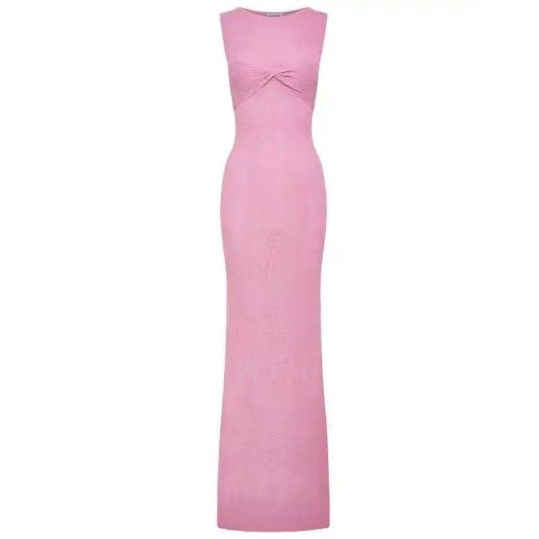 Pink Sleeveless See-Through Knit Maxi Dress