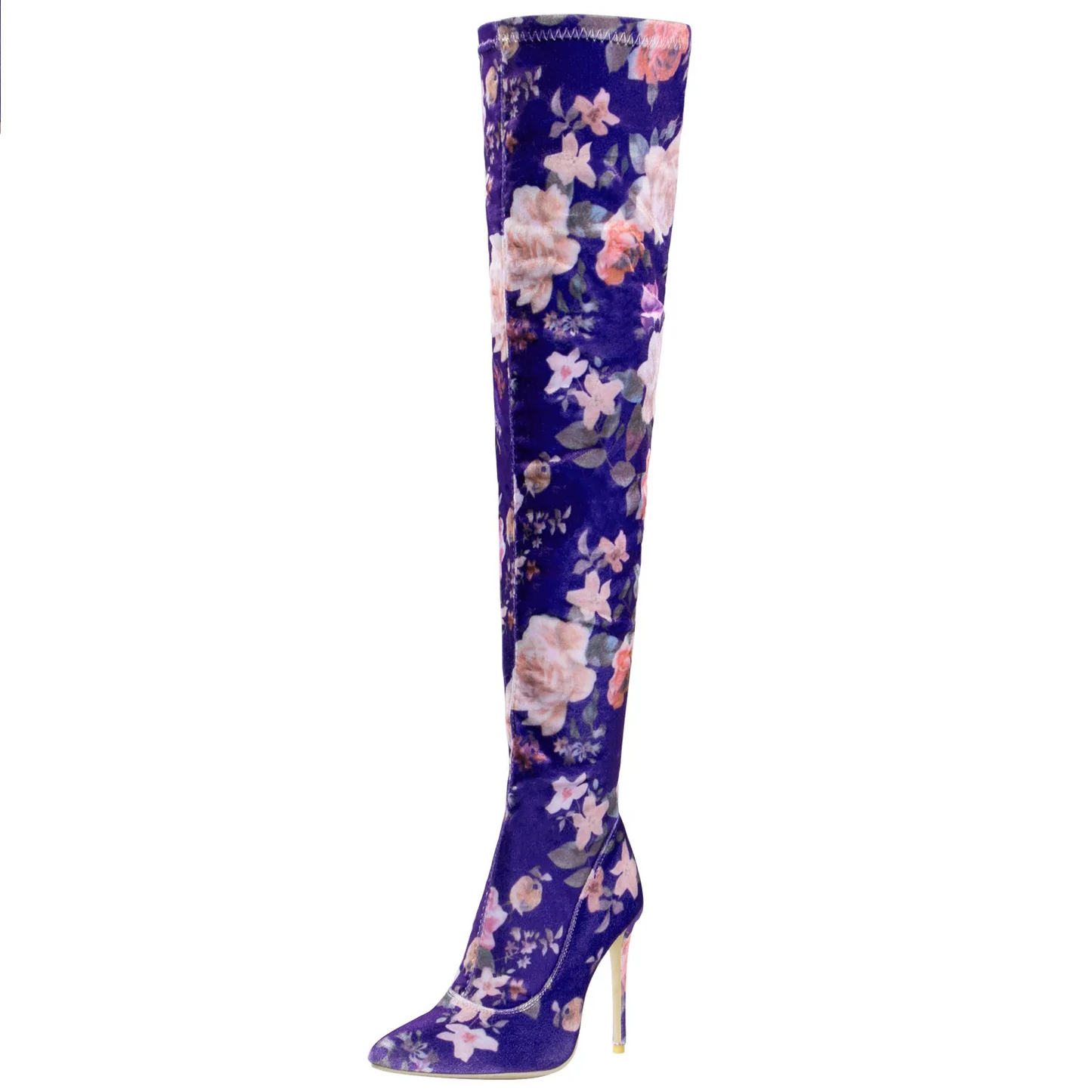 Floral Blue Thigh High Stiletto Heel Boots