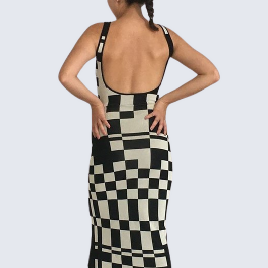Black and White Checkerboard Knit Midi Dress