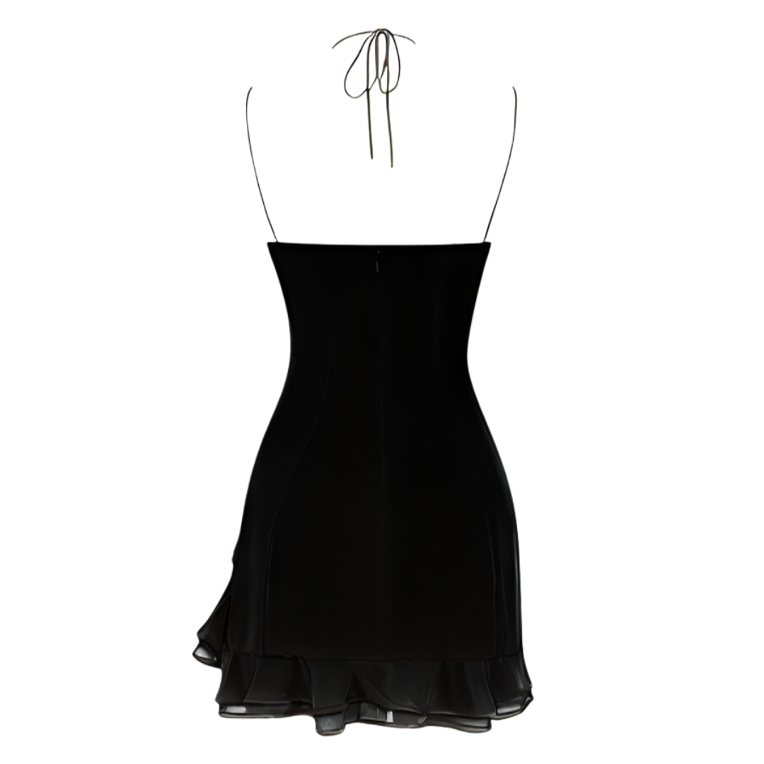 Black Double Strap Ruffle Mini Dress