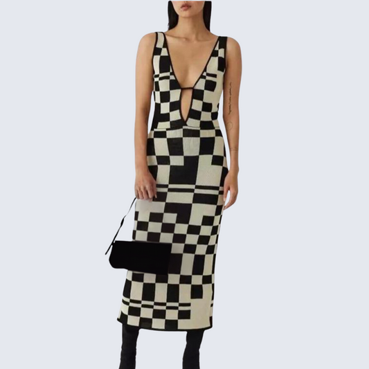 Black and White Checkerboard Knit Midi Dress