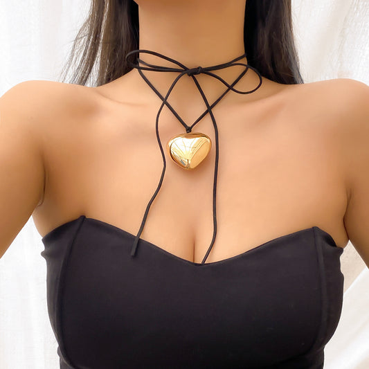 Gold Exaggerated Love Pendant Velvet String Necklace