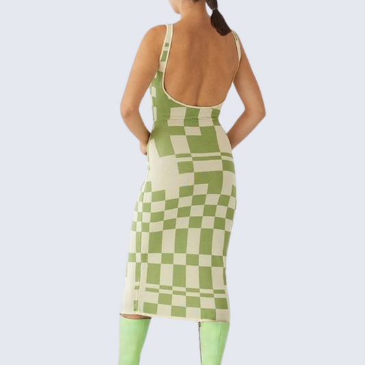 Green and White Checkerboard Knit Midi Dress