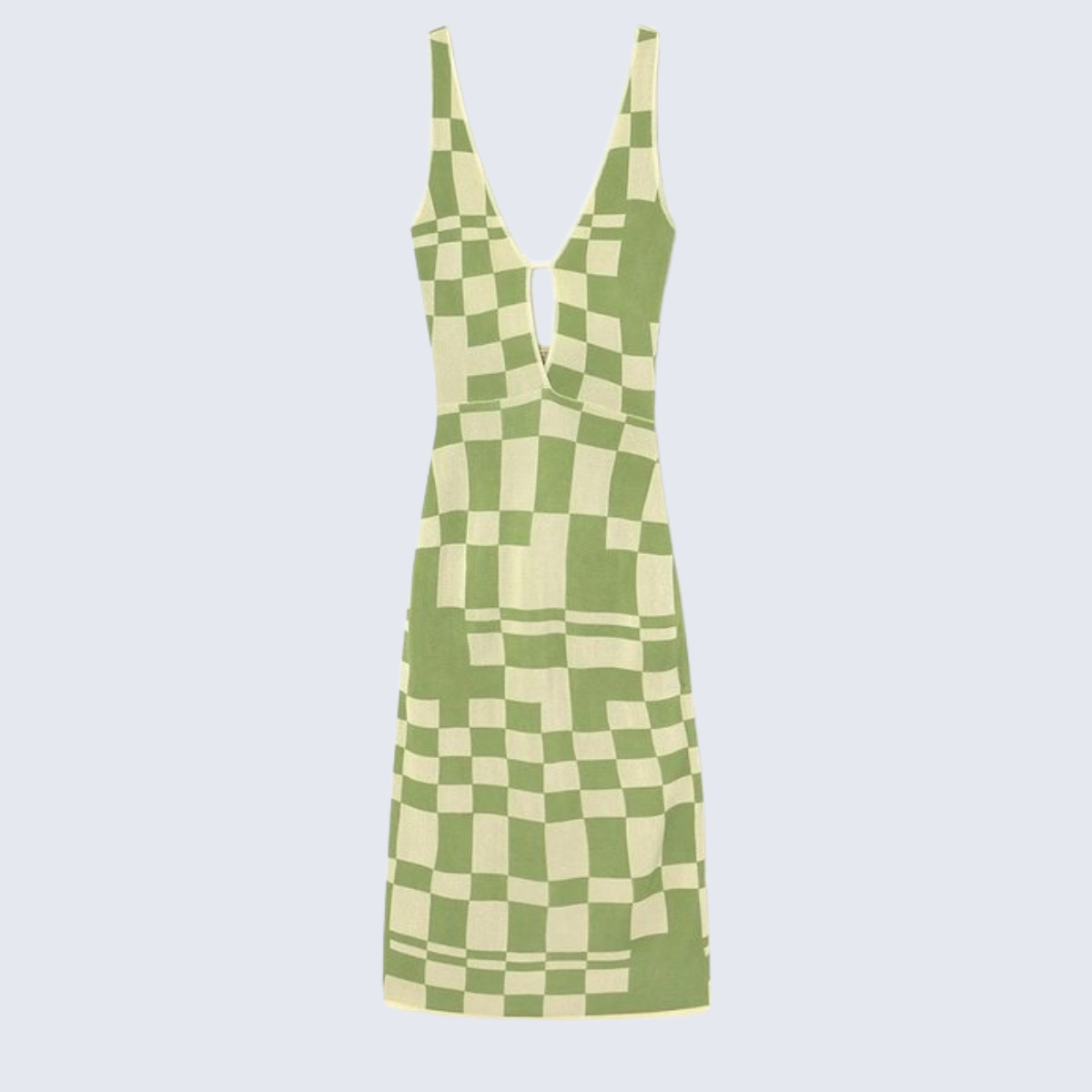 Green and White Checkerboard Knit Midi Dress