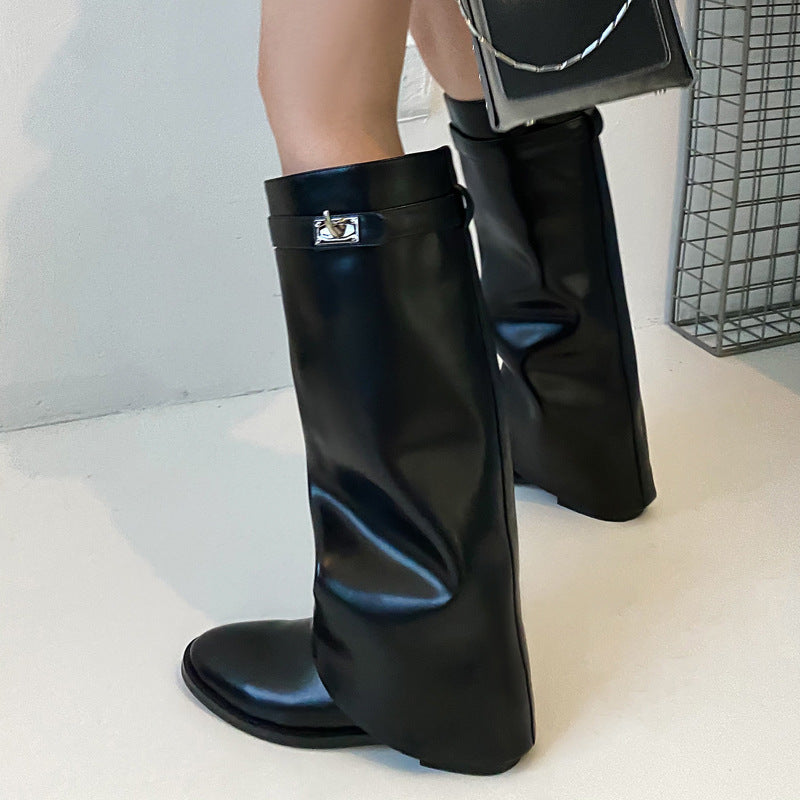 Black Flat Knee High Lock Pant Boots