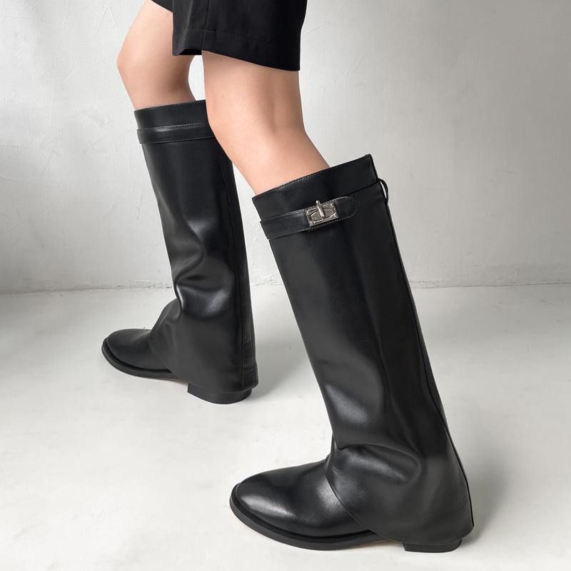 Black Flat Knee High Lock Pant Boots