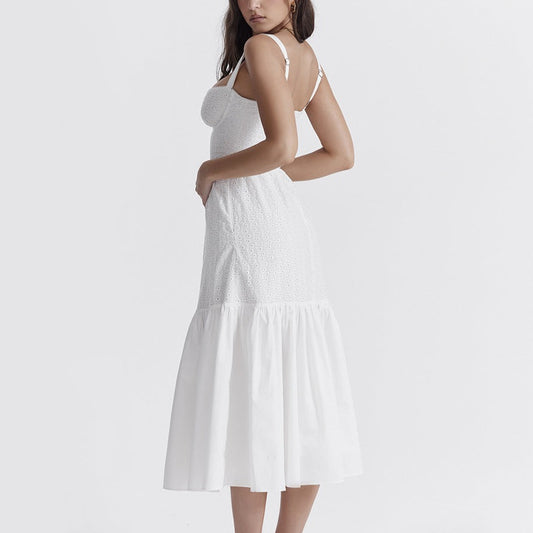 White broeadered Jacquard Midi A-Line Dress