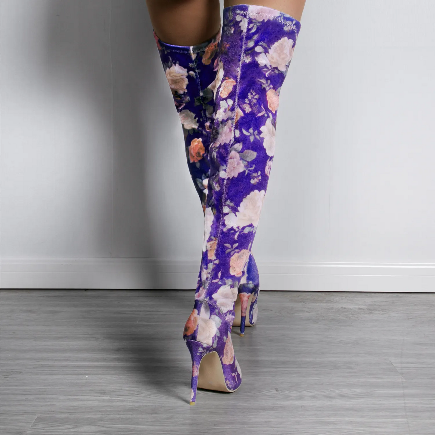 Floral Blue Thigh High Stiletto Heel Boots