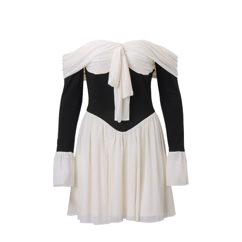 Black & Cream Off Shoulder Flare Dress