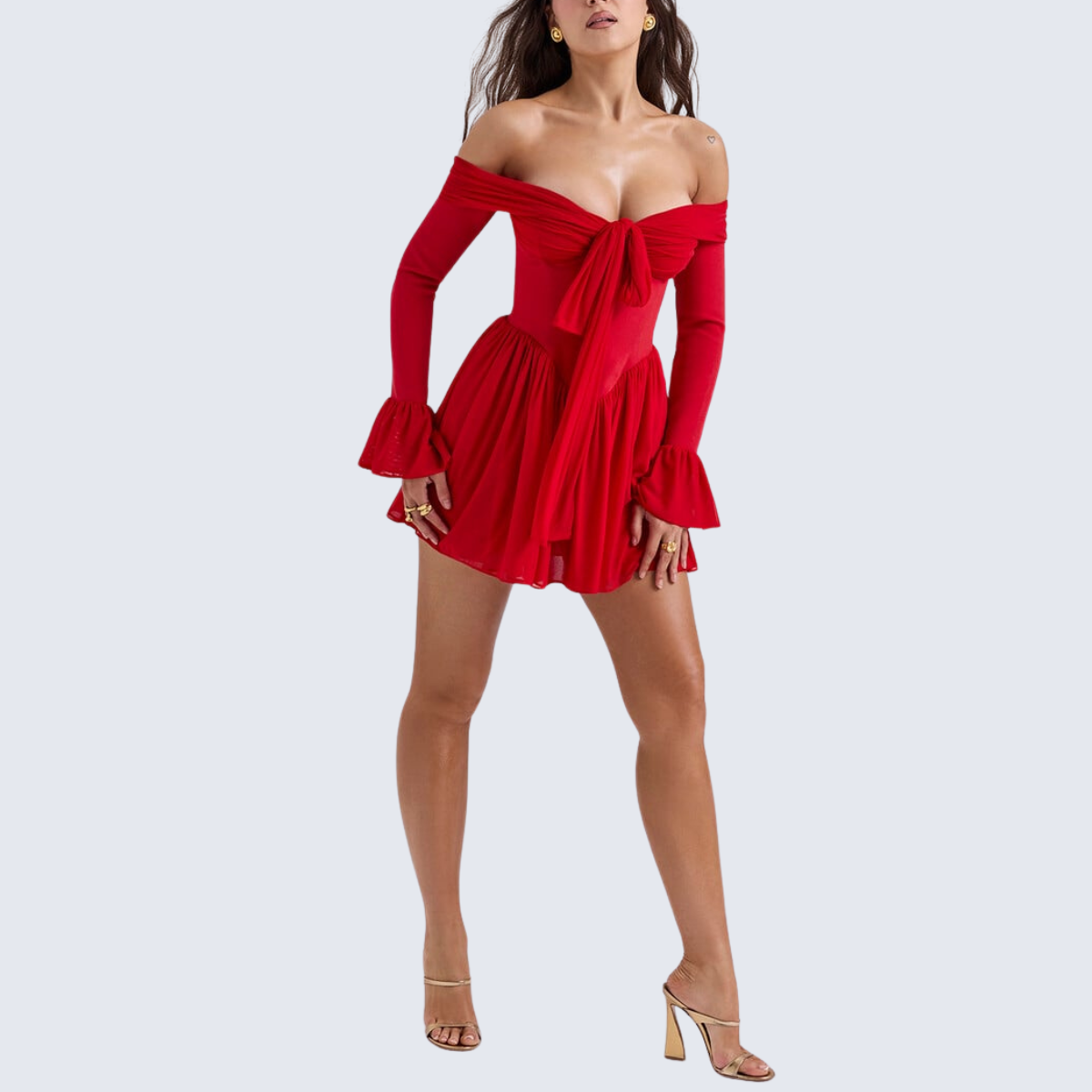 Red Off Shoulder Flare Dress