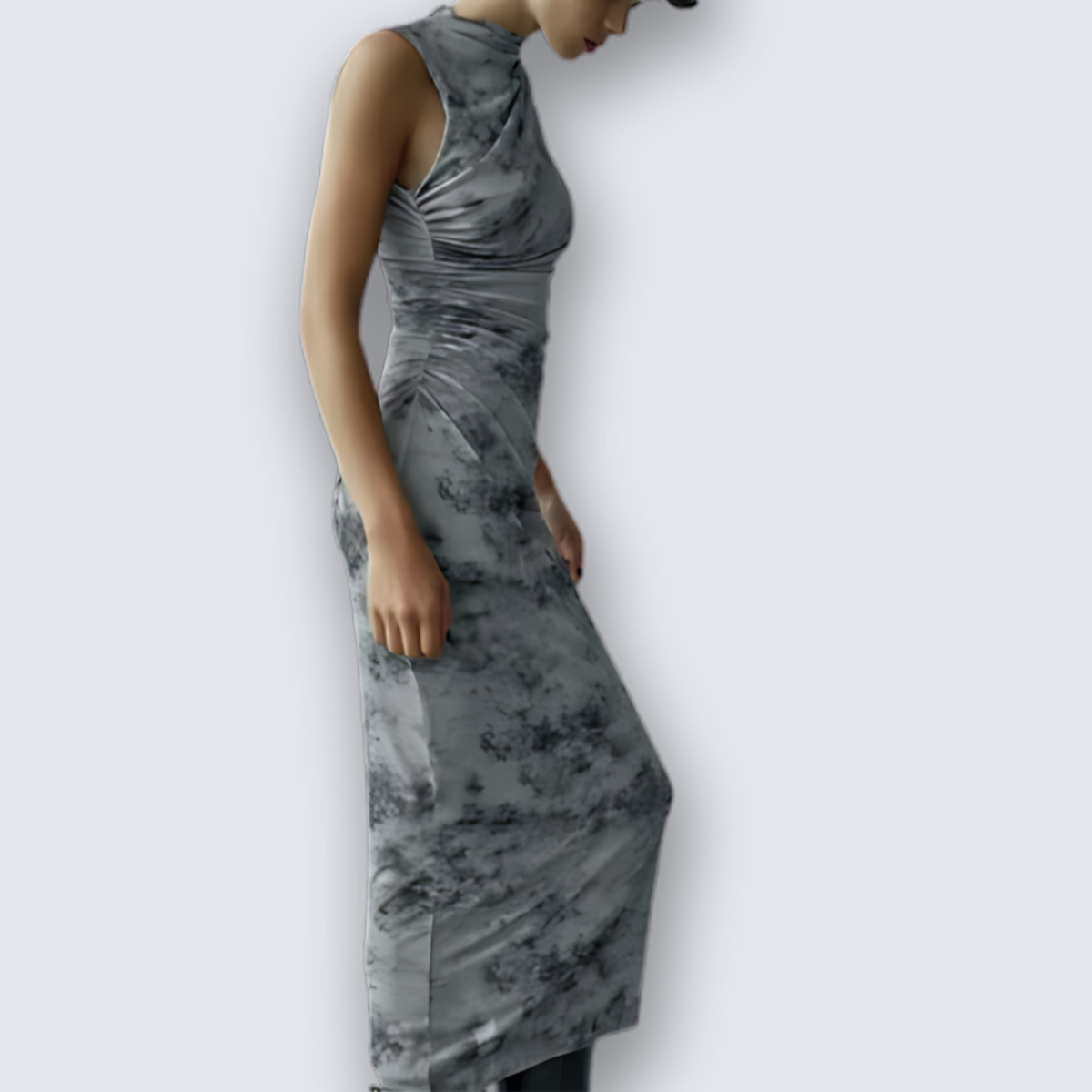 Gray Sleeveless Side Ruching Midi Dress