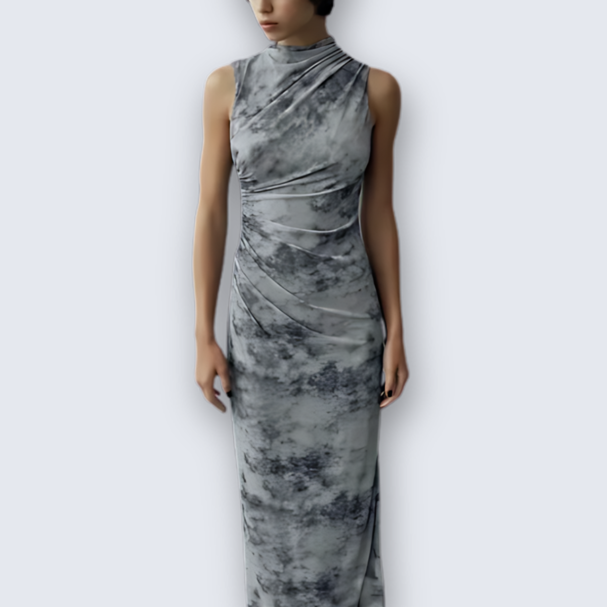 Gray Sleeveless Side Ruching Midi Dress