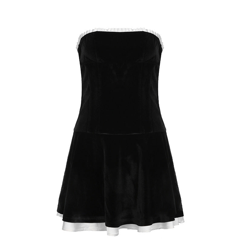 Pleated Trim Black Strapless Velvet Mini Dress