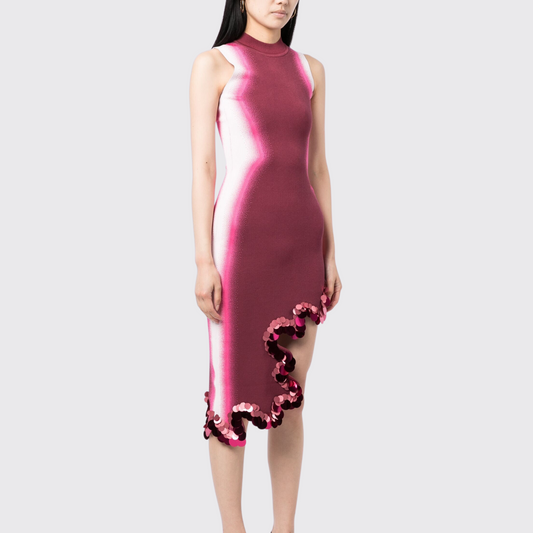 Pink Asymmetric Dress With Wave Detail and Sequin Embellishment