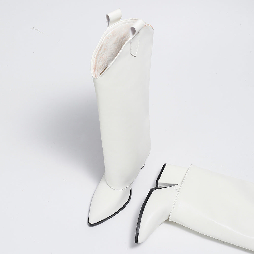 White Western Style Boots With Covered Block Heel