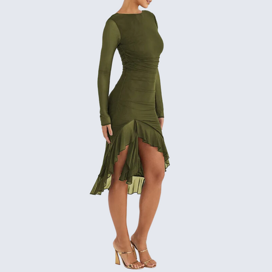 Green Long Sleeve Backless Ruffle Midi Dress