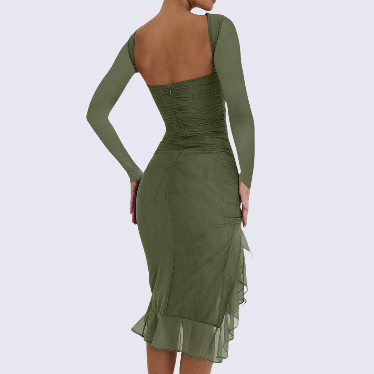 Green Long Sleeve Backless Ruffle Midi Dress