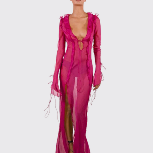 Pink Sheer Maxi Cover Up Dress With Ruffle Details