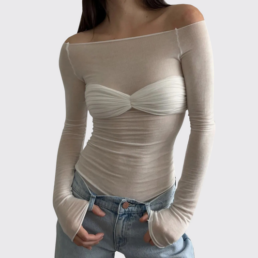 White Long Sleeve See Through Knit Off The Shoulder Top