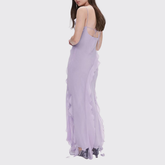 Lavender Side Slit Backless Maxi Dress With Ruffle Detail