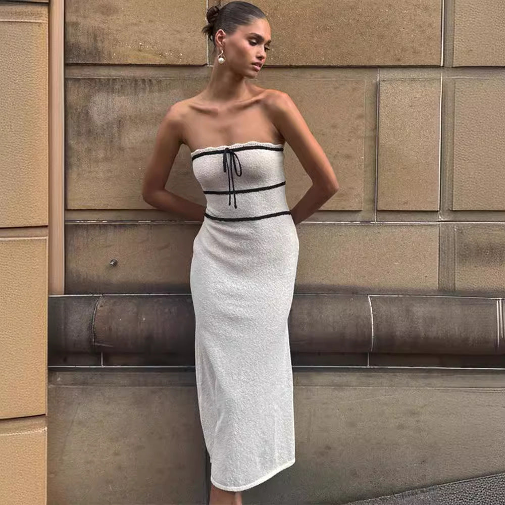 White Bow Tie Knit Midi Dress