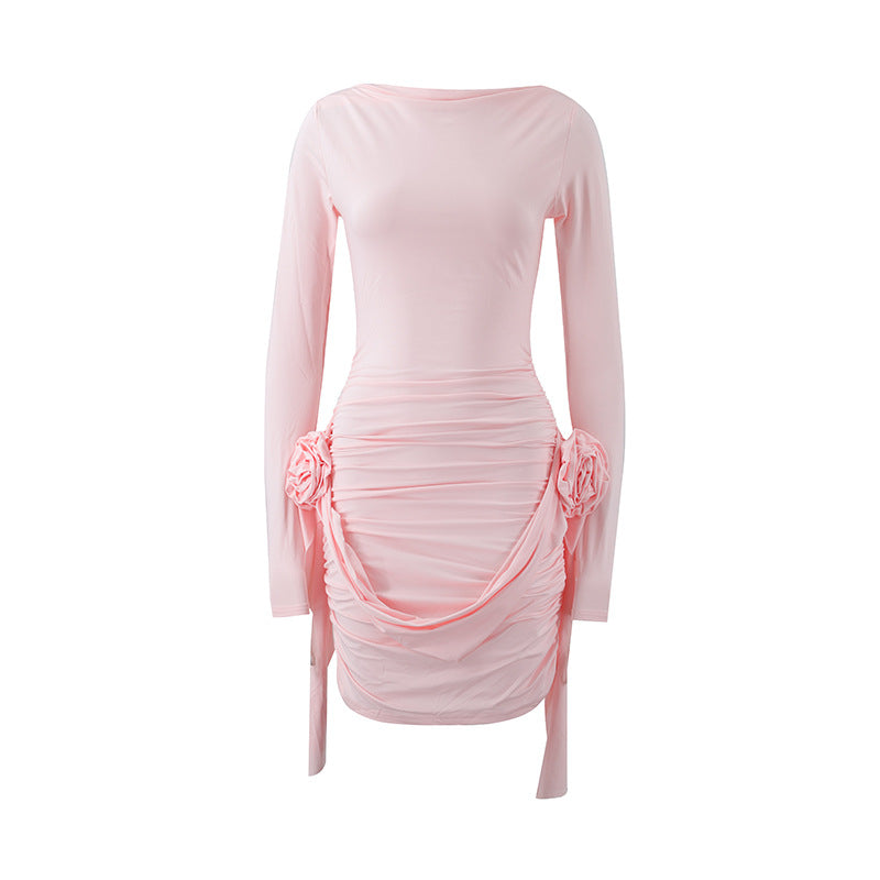 Blush Pink Rose Detail Ruched Mini Dress