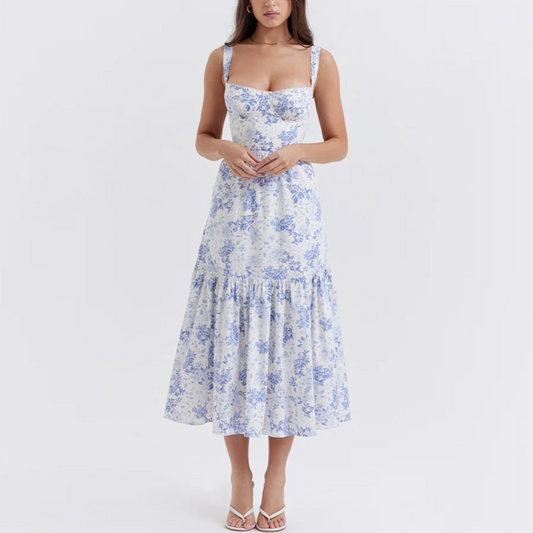 Blue Floral Layered Midi A-Line Dress