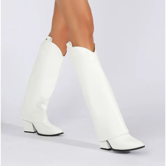 White Western Style Boots With Covered Block Heel