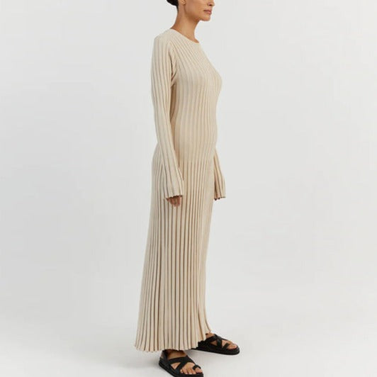 Beige Long Sleeve Knit Midi Dress
