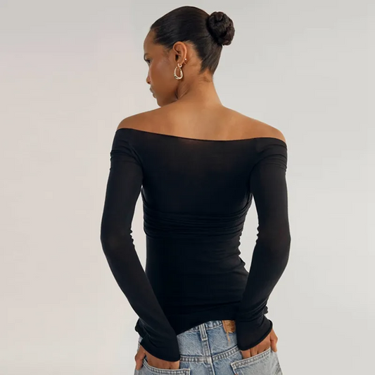 Black Long Sleeve See Through Knit Off The Shoulder Top