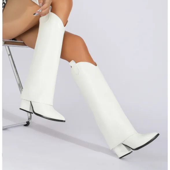 White Western Style Boots With Covered Block Heel